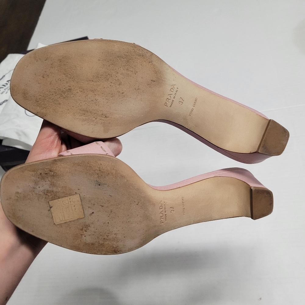 Vintage PRADA Daino Mule Shoes Baby Pink Low Heel Slide Sandals 37 - Picture 7 of 12